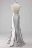 Grey Beaded Strapless Satin Mermaid Long Prom Dress with Slit