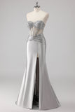 Grey Beaded Strapless Satin Mermaid Long Prom Dress with Slit