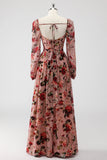 Dusty Rose Floral Corset A Line Long Sleeves Wedding Guest Dress with Slit