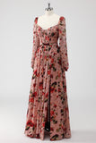 Dusty Rose Floral Corset A Line Long Sleeves Wedding Guest Dress with Slit