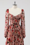 Dusty Rose Floral Corset A Line Long Sleeves Wedding Guest Dress with Slit