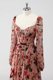 Dusty Rose Floral Corset A Line Long Sleeves Wedding Guest Dress with Slit