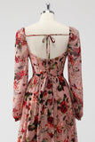 Dusty Rose Floral Corset A Line Long Sleeves Wedding Guest Dress with Slit