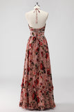 Dusty Rose Halter Flowers A Line Wedding Guest Dress with Slit
