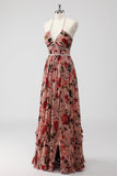 Dusty Rose Halter Flowers A Line Wedding Guest Dress with Slit