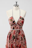 Dusty Rose Halter Flowers A Line Wedding Guest Dress with Slit