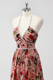 Dusty Rose Halter Flowers A Line Wedding Guest Dress with Slit