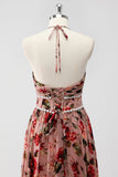 Dusty Rose Halter Flowers A Line Wedding Guest Dress with Slit