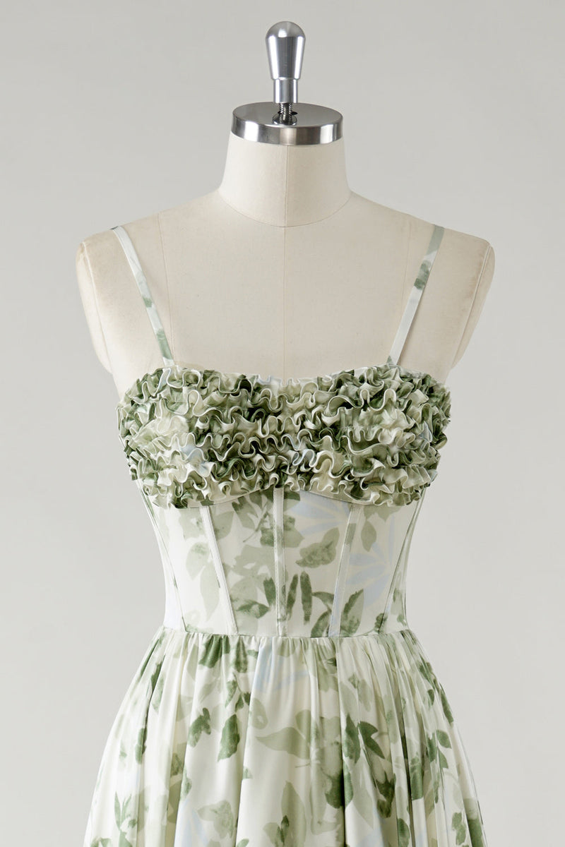 Load image into Gallery viewer, Green Flower A-Line Spaghetti Straps Ruched Corset Long Bridesmaid Dress