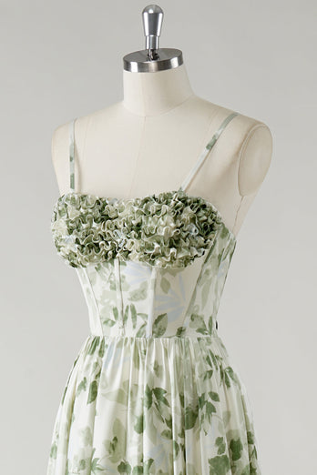 Green Flower A-Line Spaghetti Straps Ruched Corset Long Bridesmaid Dress