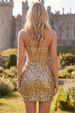 Sparkly Golden Sheer Corset Strapless Bodycon Cocktail Dress with Sequins