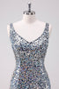 Load image into Gallery viewer, Sparkly Silver Bodycon V-Neck Short Graduation Dress with Sequins