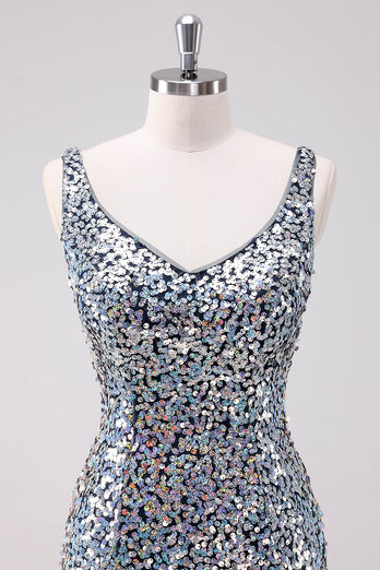 Sparkly Silver Bodycon V-Neck Short Graduation Dress with Sequins