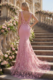Mermaid Taro Ruched V-Neck Long Prom Dress with 3D Flowers