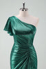 Load image into Gallery viewer, Dark Green Metallic One Shoulder Mermaid Graduation Dress with Ruffles