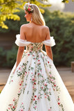 White Tulle Off the Shoulder Sweep Train Floral Wedding Dress