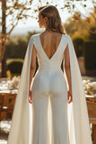 Ivory V Neck Cape Sleeve Wedding Jumpsuits