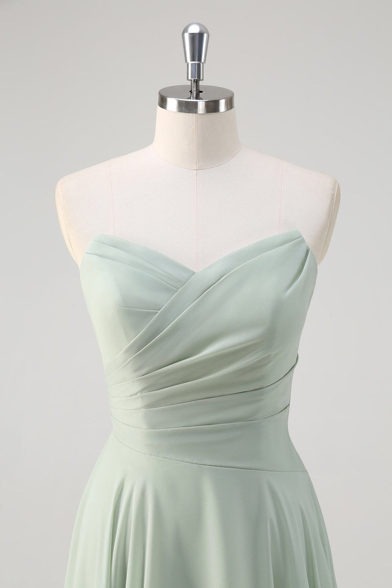 Load image into Gallery viewer, Matcha A Line Strapless Ruched Chiffon Long Bridesmaid Dress