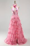 Blush Halter Neck Cut Out Chiffon Tiered Ruffled Long Prom Dress with 3D Flower