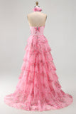 Blush Halter Neck Cut Out Chiffon Tiered Ruffled Long Prom Dress with 3D Flower
