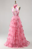 Blush Halter Neck Cut Out Chiffon Tiered Ruffled Long Prom Dress with 3D Flower
