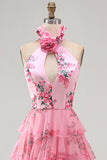 Blush Halter Neck Cut Out Chiffon Tiered Ruffled Long Prom Dress with 3D Flower