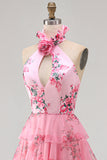 Blush Halter Neck Cut Out Chiffon Tiered Ruffled Long Prom Dress with 3D Flower
