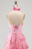 Blush Halter Neck Cut Out Chiffon Tiered Ruffled Long Prom Dress with 3D Flower