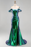 Metallic Emerald Green Mermaid Off the Shoulder Corset Ruched Long Prom Dress with Side Slit