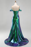 Metallic Emerald Green Mermaid Off the Shoulder Corset Ruched Long Prom Dress with Side Slit