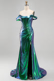 Metallic Emerald Green Mermaid Off the Shoulder Corset Ruched Long Prom Dress with Side Slit