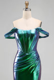 Metallic Emerald Green Mermaid Off the Shoulder Corset Ruched Long Prom Dress with Side Slit