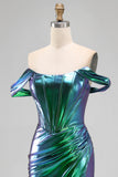 Metallic Emerald Green Mermaid Off the Shoulder Corset Ruched Long Prom Dress with Side Slit
