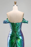 Metallic Emerald Green Mermaid Off the Shoulder Corset Ruched Long Prom Dress with Side Slit