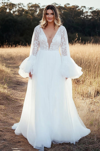 Ivory A Line V Neck Lace Tulle Wedding Dress with Long Sleeves