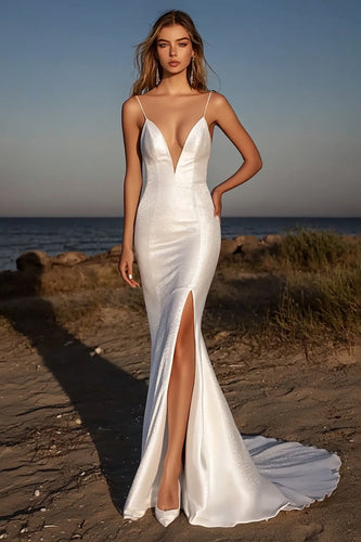 Elegant Ivory Spaghetti Straps Mermaid Long Wedding Dress with Slit