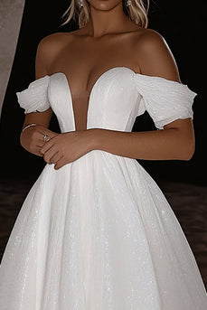 Elegant Glitter Ivory Off the Shoulder A-Line Long Wedding Dress