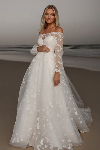 Elegant Ivory Lace A Line Off the Shoulder Wedding Dress with Long Sleeves