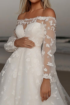 Elegant Ivory Lace A Line Off the Shoulder Wedding Dress with Long Sleeves