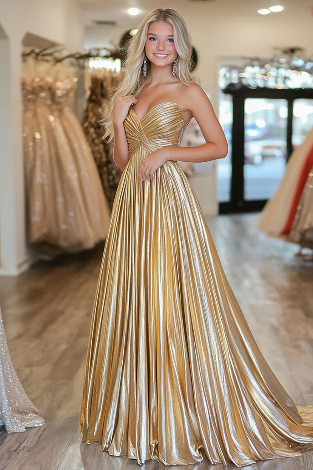 ZAPAKA Woman Chic Gold A Line Deep-V Satin Pleated Long Prom Dress Formal Dress ZAPAKA UK ZAPAKA Woman Chic Gold A Line Deep-V Satin Pleated Long Prom Dress Formal Dress ZAPAKA UK
