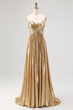 Metallic Gold A Line Pleated Long Prom Dress