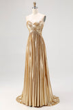 Metallic Gold A Line Pleated Long Prom Dress