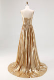Chic Gold A Line Deep-V Satin Pleated Long Prom Dress