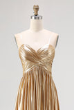 Metallic Gold A Line Pleated Long Prom Dress