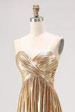 Metallic Gold A Line Pleated Long Prom Dress