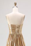 Metallic Gold A Line Pleated Long Prom Dress