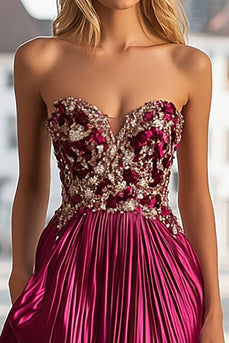 Chic Fuchsia Sweetheart Sheath Satin Long Prom Dress with Beading