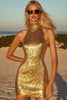 Load image into Gallery viewer, Sparkly High Neck Golden Short Party Dress