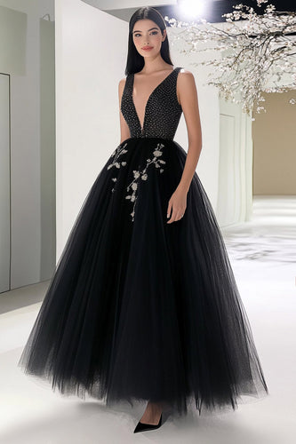 Black Tulle A Line Beaded V Neck Long Formal Dress