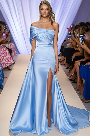 Light Blue One Shoulder Sheath Ruched Satin Formal Dress with Slit